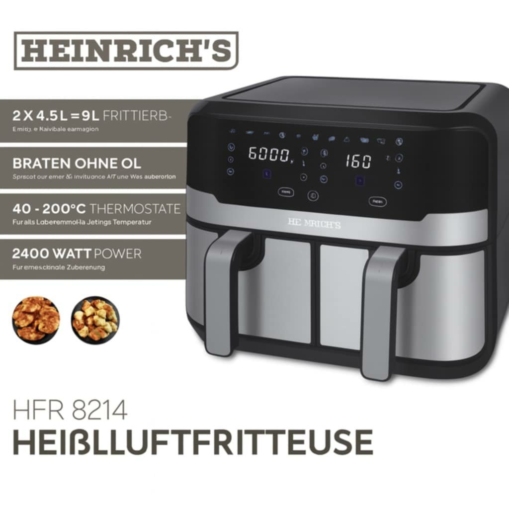 AirFryer inox Double BAC 9L '' 2 X 4.5L '' 2400W 200° Heinrich´s Germany HFR 8214 – Image 2