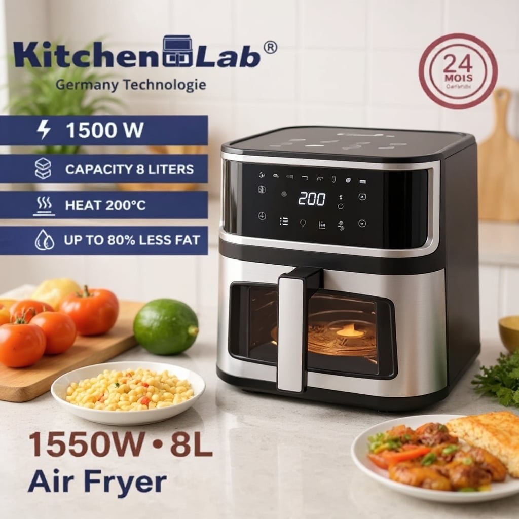 AirFryer inox 7L 1700W Numérique Avec écran Tablette et avec Fenêtre Visible KitchenLab KT-AF-005