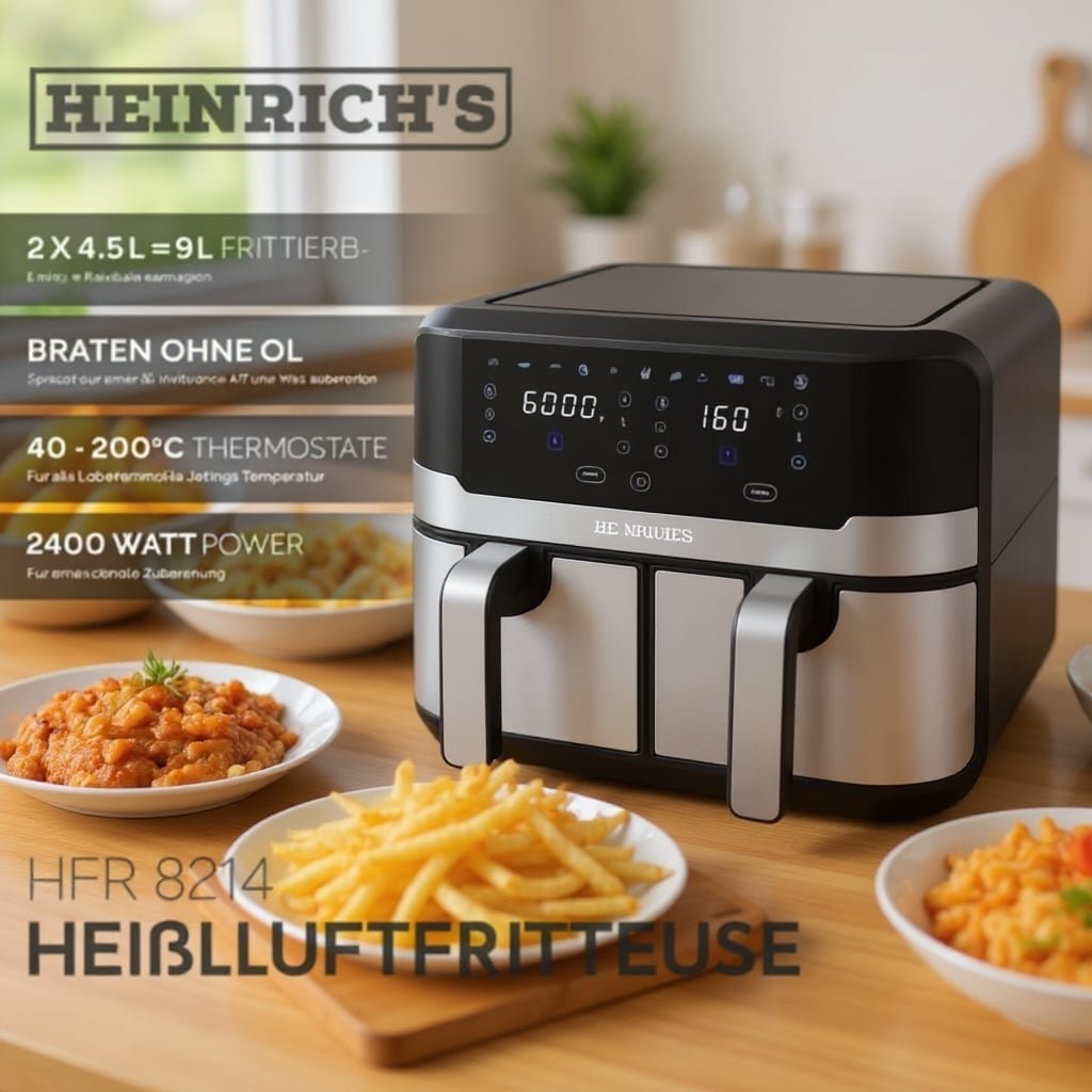 AirFryer inox Double BAC 9L '' 2 X 4.5L '' 2400W 200° Heinrich´s Germany HFR 8214