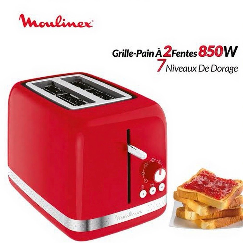 Grille-Pain 850W À 2Fentes À Largeur Variable Avec 7Niveaux De Dorage Et Fonctions Décongélation Et Réchauffage Soleil Moulinex LT300510