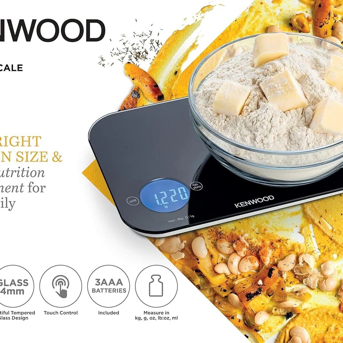 Balance De Cuisine Digitale 8kg En Verre Trempé Avec Fonction Tare Kenwood WEP50.000 – Image 2