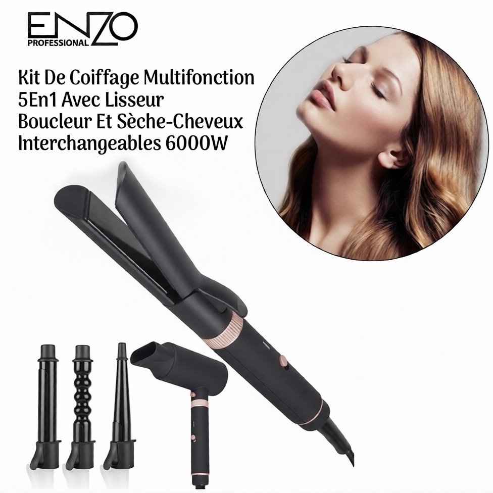 Kit De Coiffage Multifonction 5En1 Avec Lisseur, Boucleur Et Sèche-Cheveux Interchangeables 6000W Enzo EN-6310