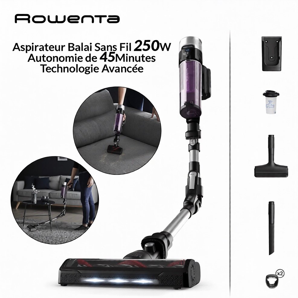Aspirateur Balai Sans Fil 250W Avec Autonomie de 45 Minutes Et Technologie Avancée X-Force Flex 9.60 Rowenta RH2037WO