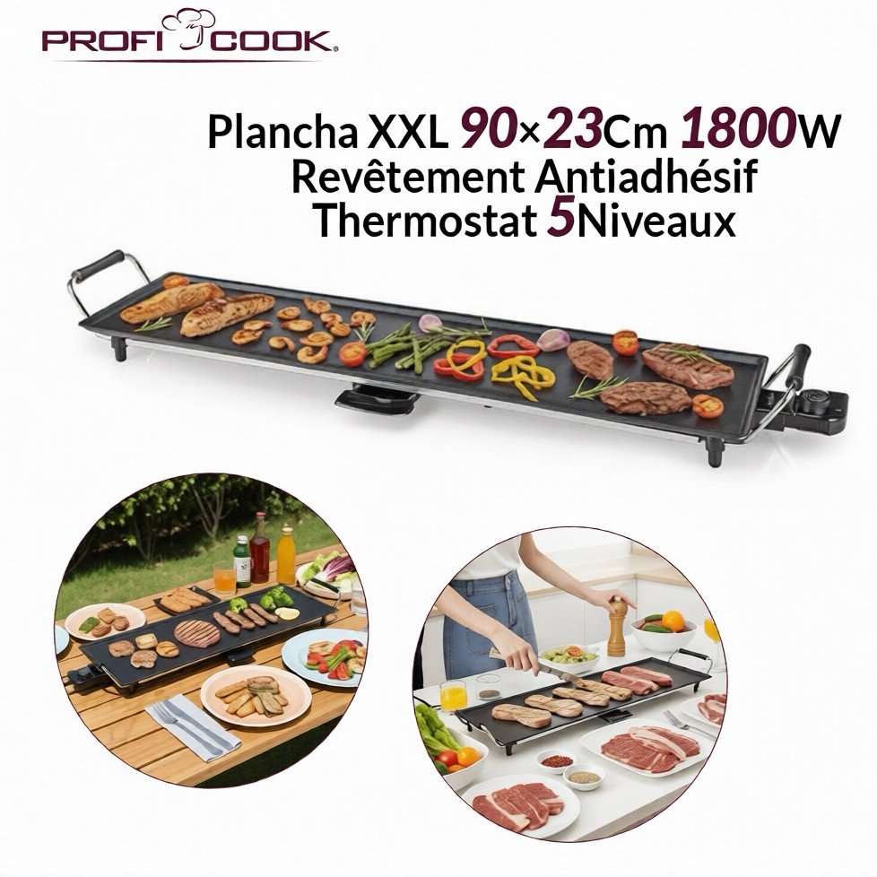 Plaque Grill Plancha XXL 90×23Cm 2000W Revêtement Antiadhésif Et Thermostat 5Niveaux Proficook PC-TYG1120 – Image 2