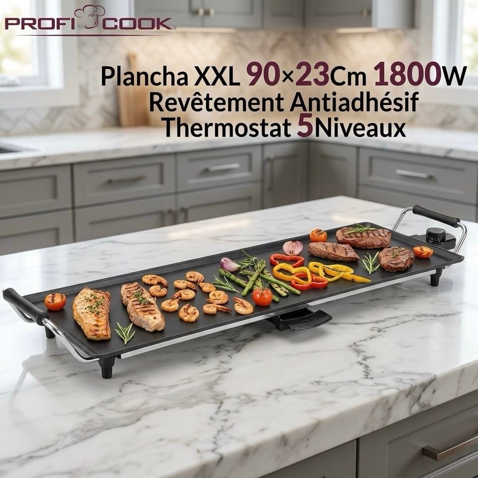 Plaque Grill Plancha XXL 90×23Cm 2000W Revêtement Antiadhésif Et Thermostat 5Niveaux Proficook PC-TYG1120