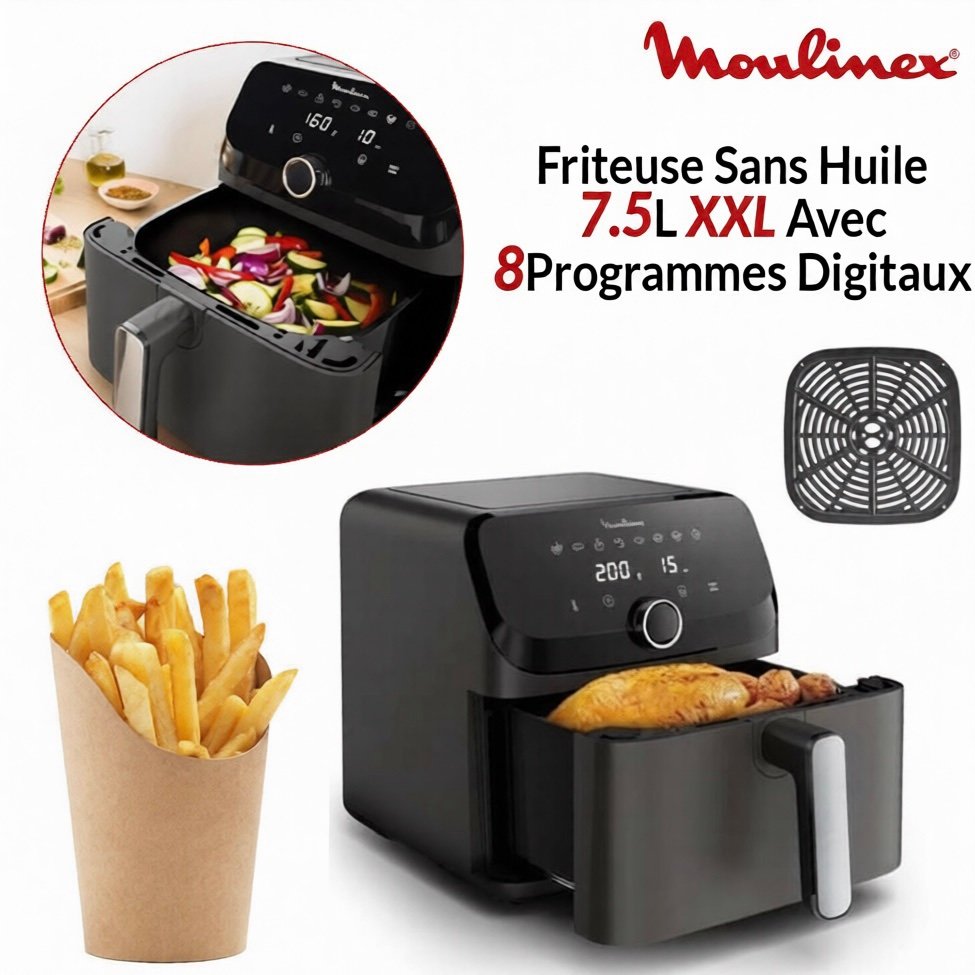 Friteuse Sans Huile 7.5L XXL Avec 8Programmes Digitaux Easy Fry Mega Moulinex EZ855HF0