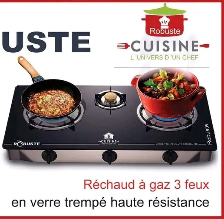 Réchaud a gaz 3 Feux en verre trempé Noir Robuste (gaz de ville et butane) – Image 2