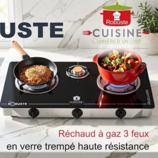 Réchaud a gaz 3 Feux en verre trempé Noir Robuste (gaz de ville et butane)