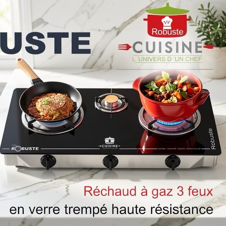 Réchaud a gaz 3 Feux en verre trempé Noir Robuste (gaz de ville et butane)